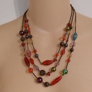 Vtg Triple Strand Glass Beads Statement Necklace